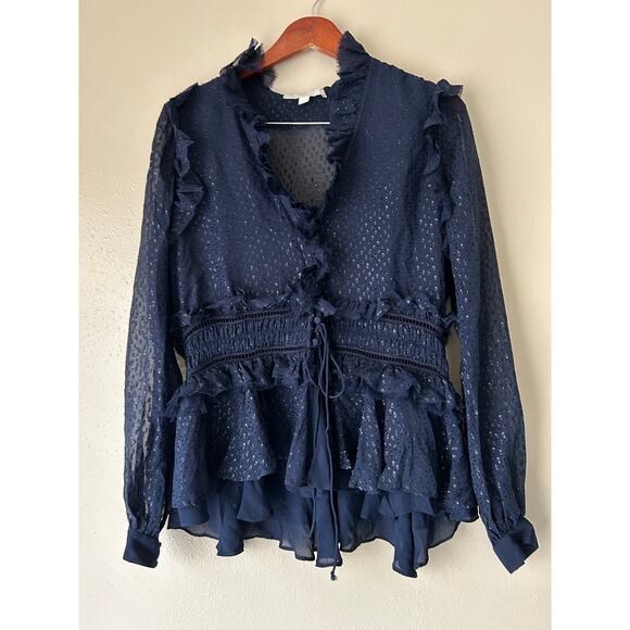 Johnathan Simkhai Navy Semi Sheer Chiffon Ruffle Blouse Size Medium - Picture 1 of 12